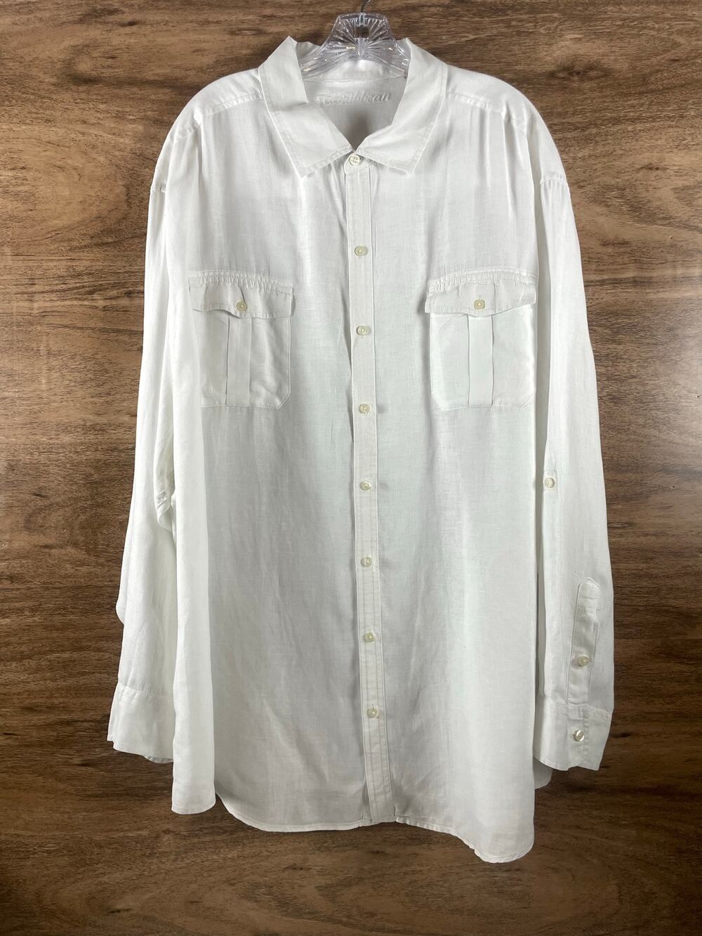 Caribbean Men White 100% Linen Long Sleeve Button Up Shirt Size 3XB Big Tall